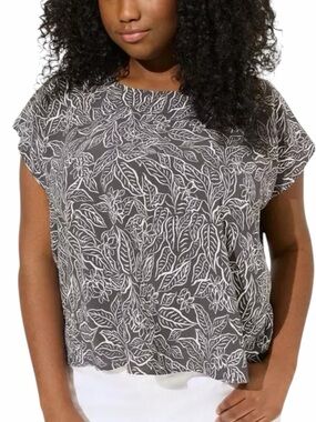Torrid Grey Floral Leaf Print Blouse Size 3 Plus Size Button Cross Back Top